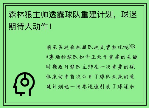 森林狼主帅透露球队重建计划，球迷期待大动作！